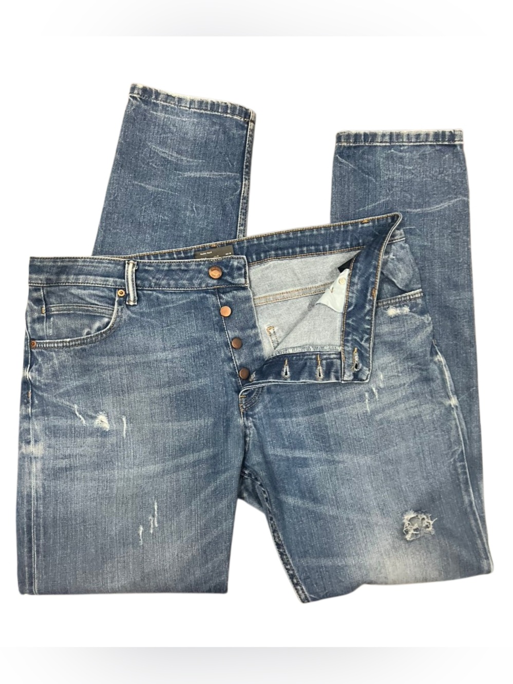 Zara Men's Blue Straight-Leg Distressed Jeans Size 36